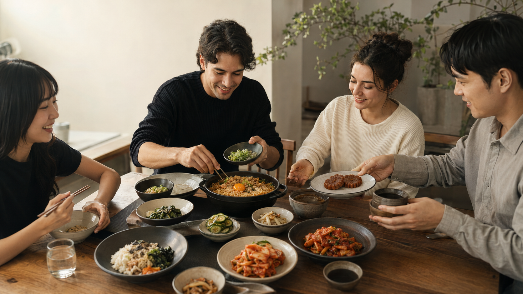 International friends sharing Korean food, customised noodles and yakgwa around a modern dining table