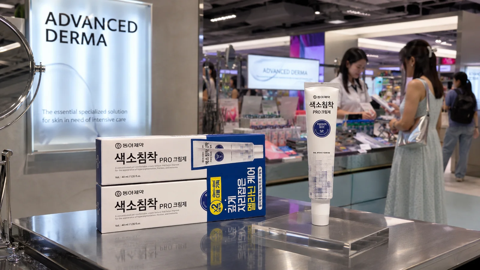 Advanced Derma skincare display at Olive Young Myeongdong Town with pigmentation care products and shoppers