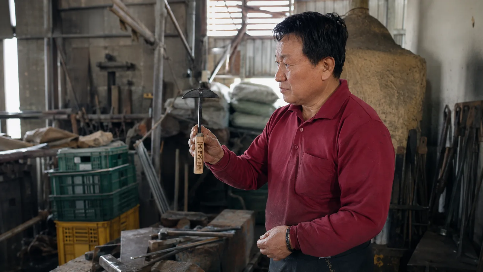 Blacksmith Seok No-gi inspecting a finished homi inside Youngju Daejanggan