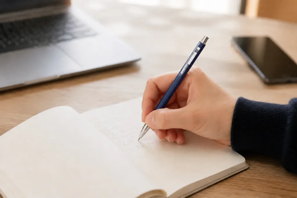 A hand writes in a notebook with a navy Monami 153 ID beside a laptop and smartphone.