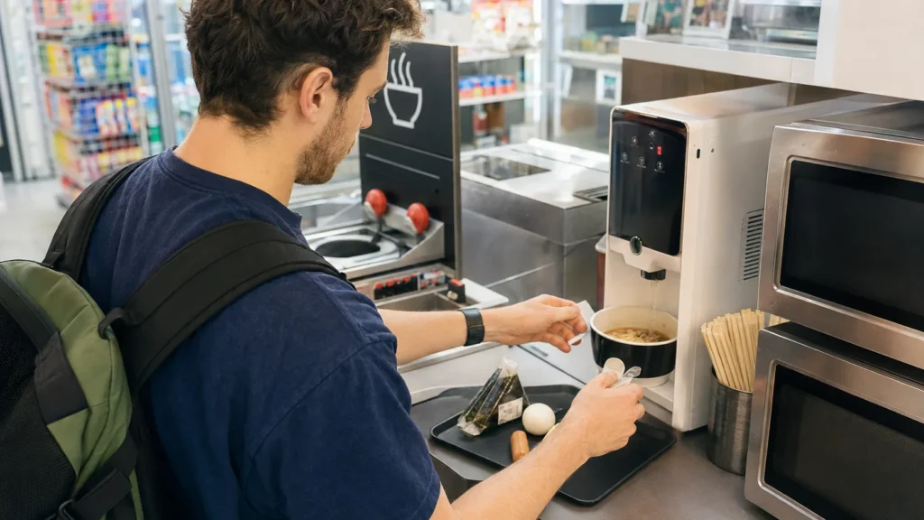 International traveler preparing ramen and triangle gimbap in a Korean convenience store