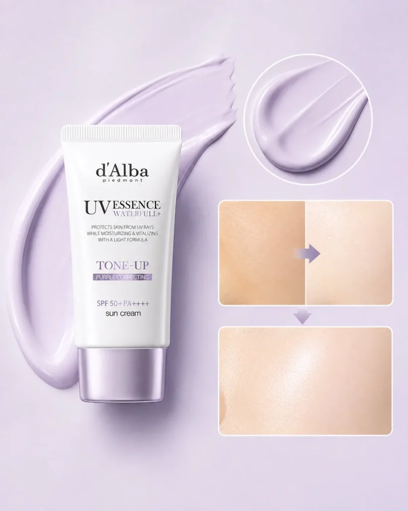 Editorial infographic style image showing d’Alba purple tone-up sunscreen and lavender tone correction concept