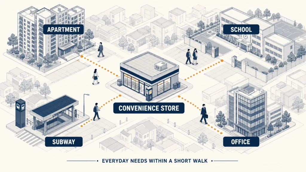 Convenience stores along walking routes between apartments, schools, offices, and subway stations