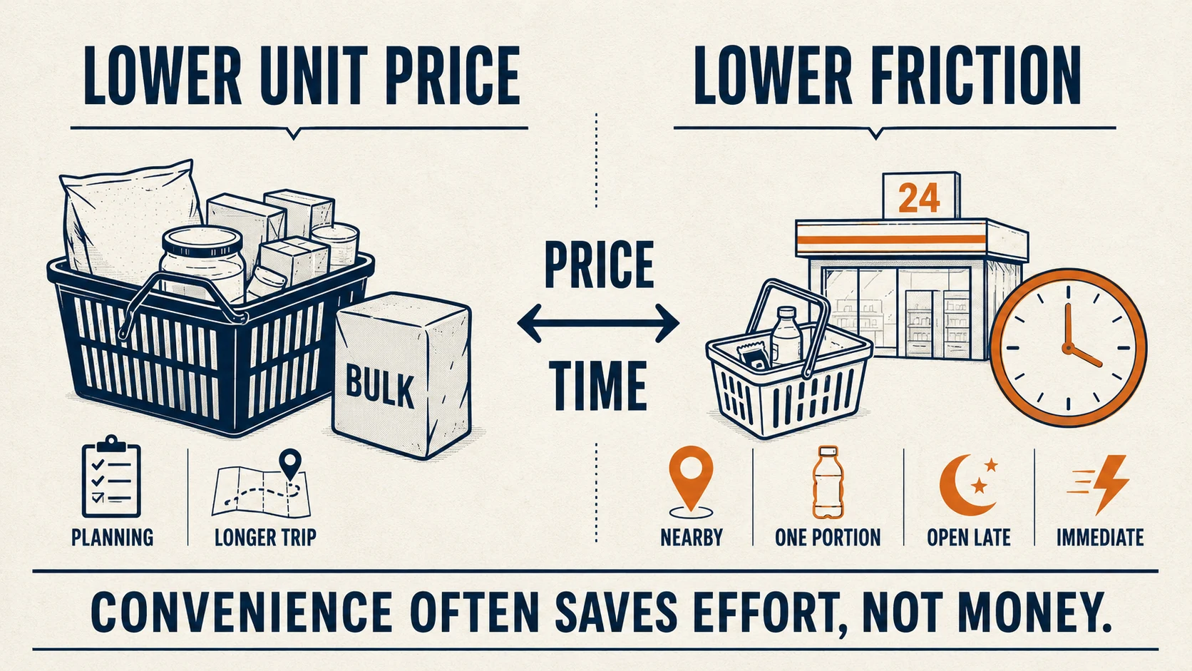 Comparison of supermarket prices and convenience-store savings in distance and time
