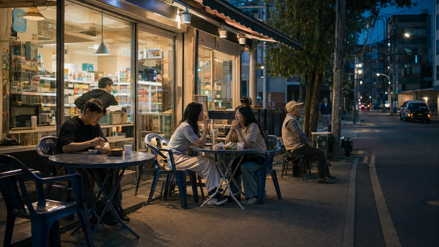 People eating alone and sharing canned beer outside a neighborhood convenience store