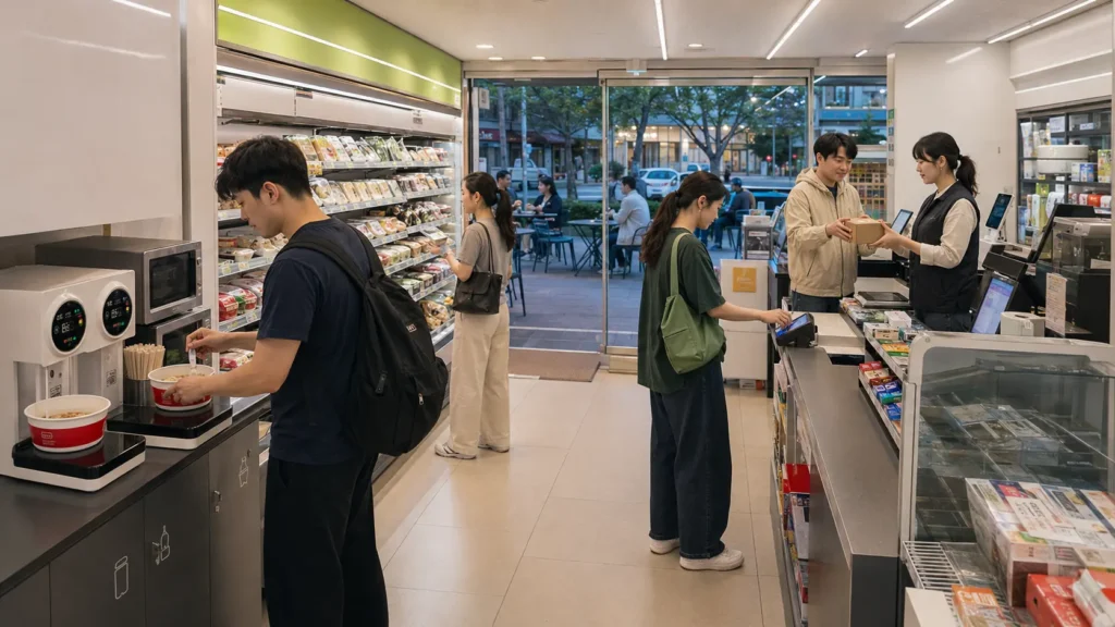 Ramen machine, lunch boxes, parcel pickup, and outdoor seating at a Korean convenience store