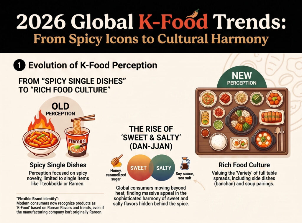 Infographic showing how global perceptions of K-food are shifting from spicy products to variety, texture and customisation
