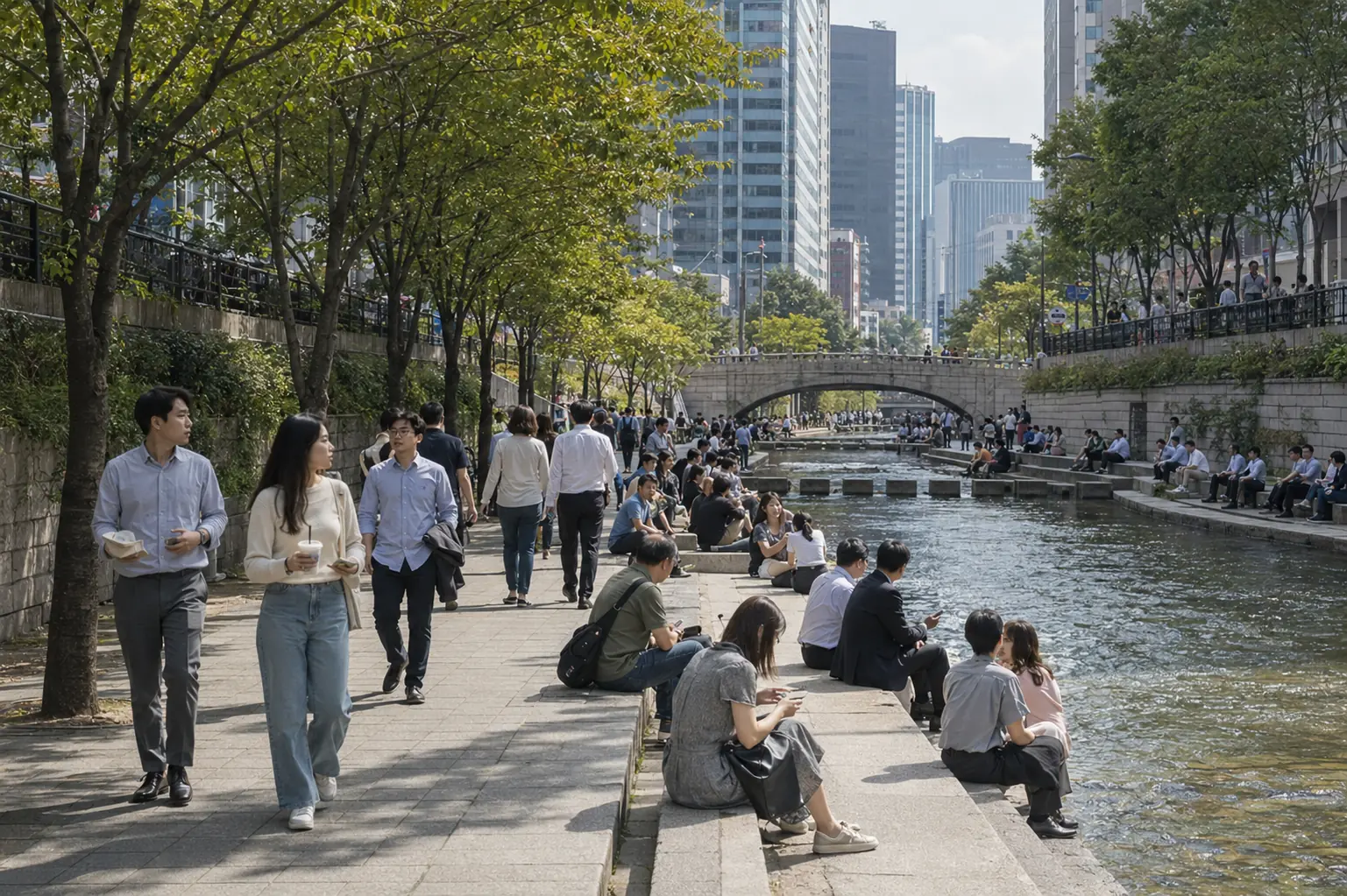 Office workers, residents, and travelers walking and resting beside Cheonggyecheon at lunchtime