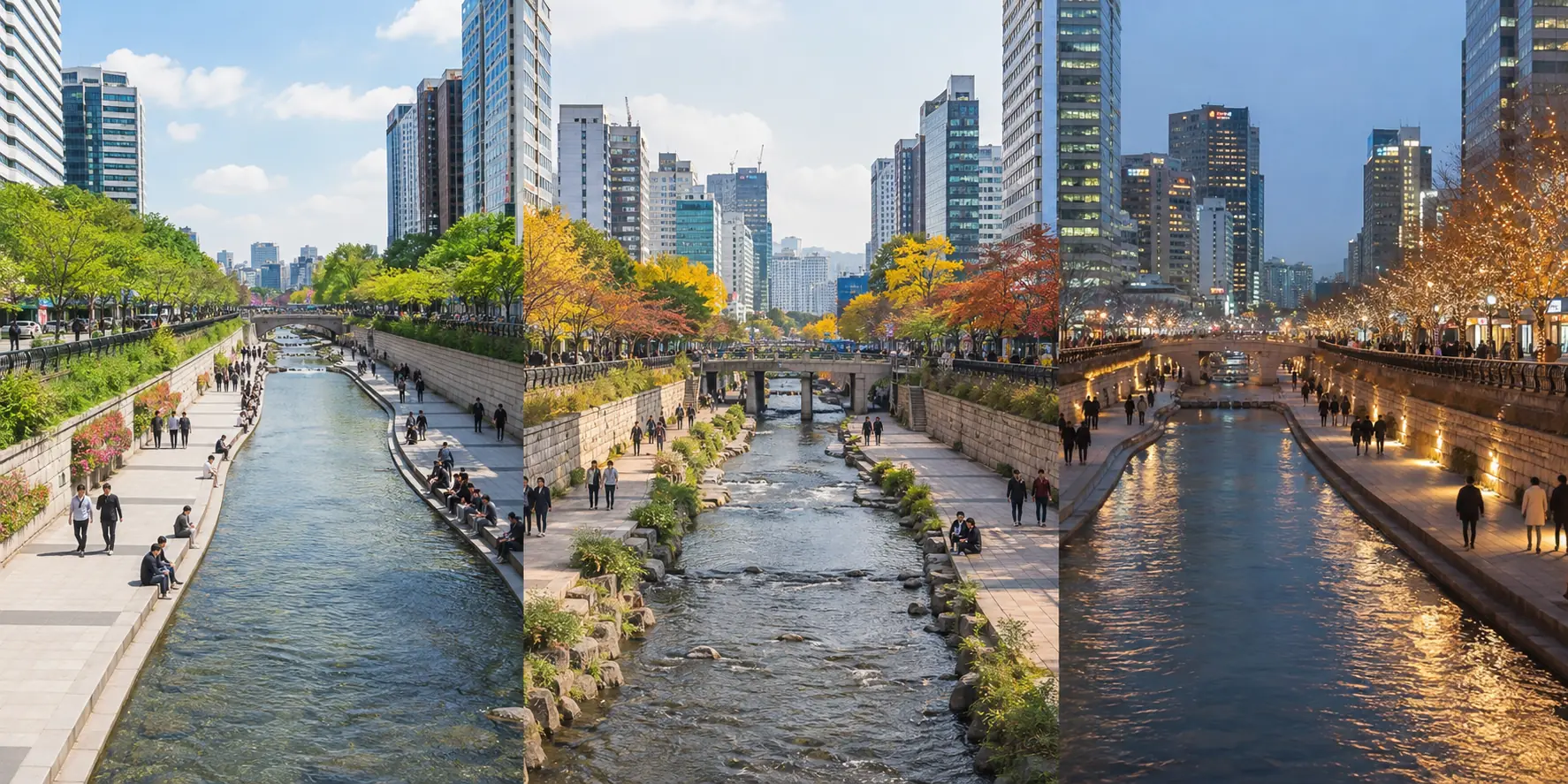 Three photographic views of Cheonggyecheon in green weather, autumn foliage, and winter evening lights