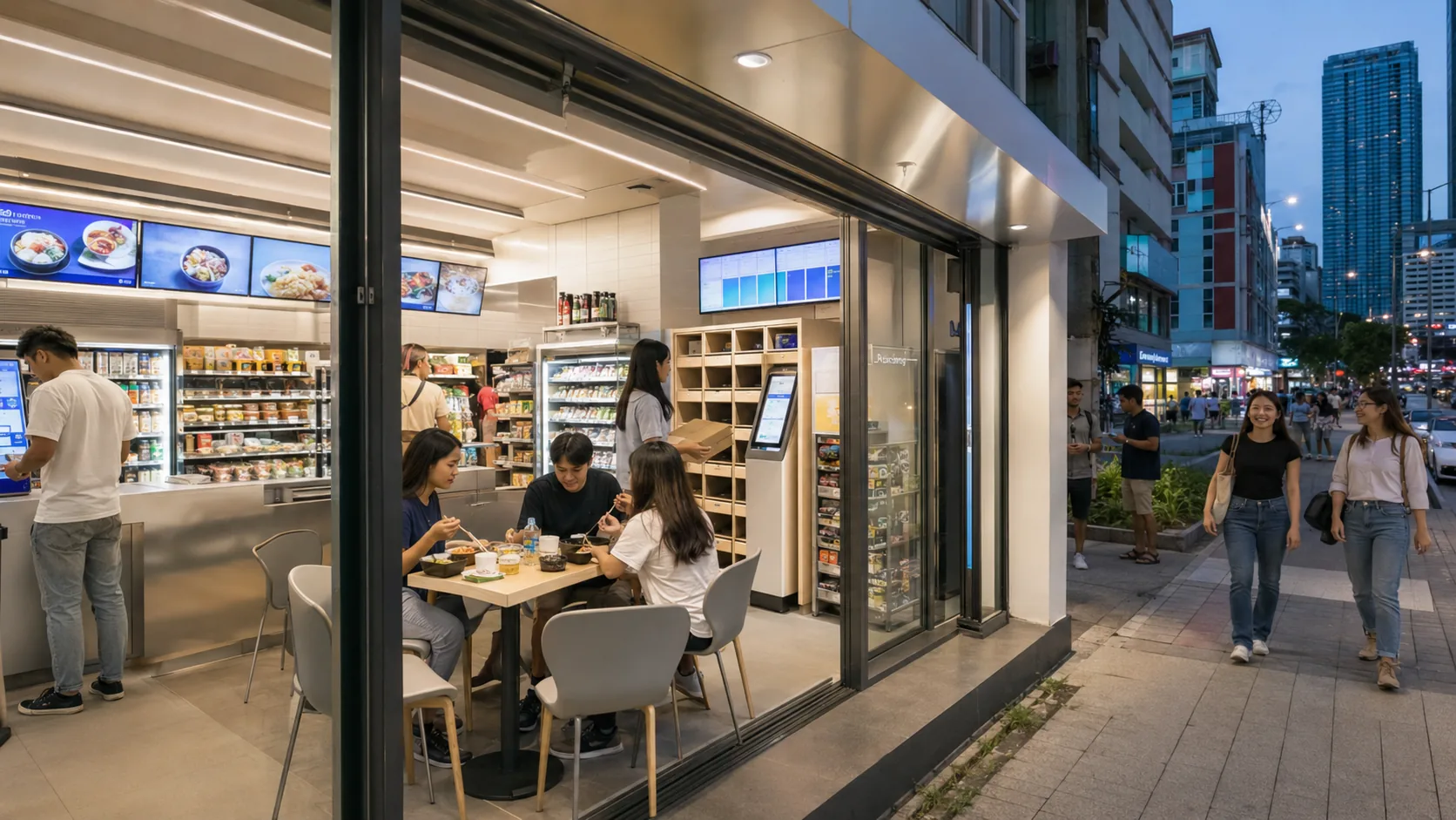 Local customers choosing Korean-style ready meals and snacks at an overseas convenience store
