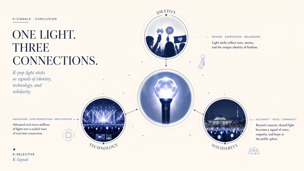 Diagram showing how K-pop light sticks connect fandom identity, performance technology and civic solidarity