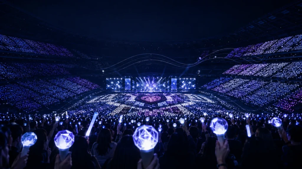 Thousands of synchronized light sticks creating coordinated waves of blue and purple light across a concert venue